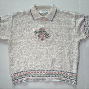 Vintage Chelsea Gardens Textured Knit Polo Floral Wheelbarrow Cottagecore Boho